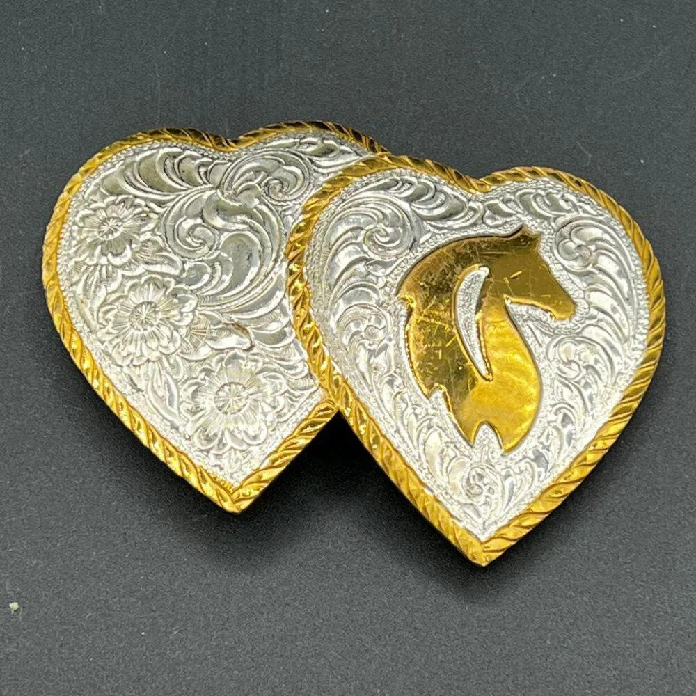 CRUMRINE Double Heart's Abstract Horse Head Western Belt Buckle w/ Black Belt 28